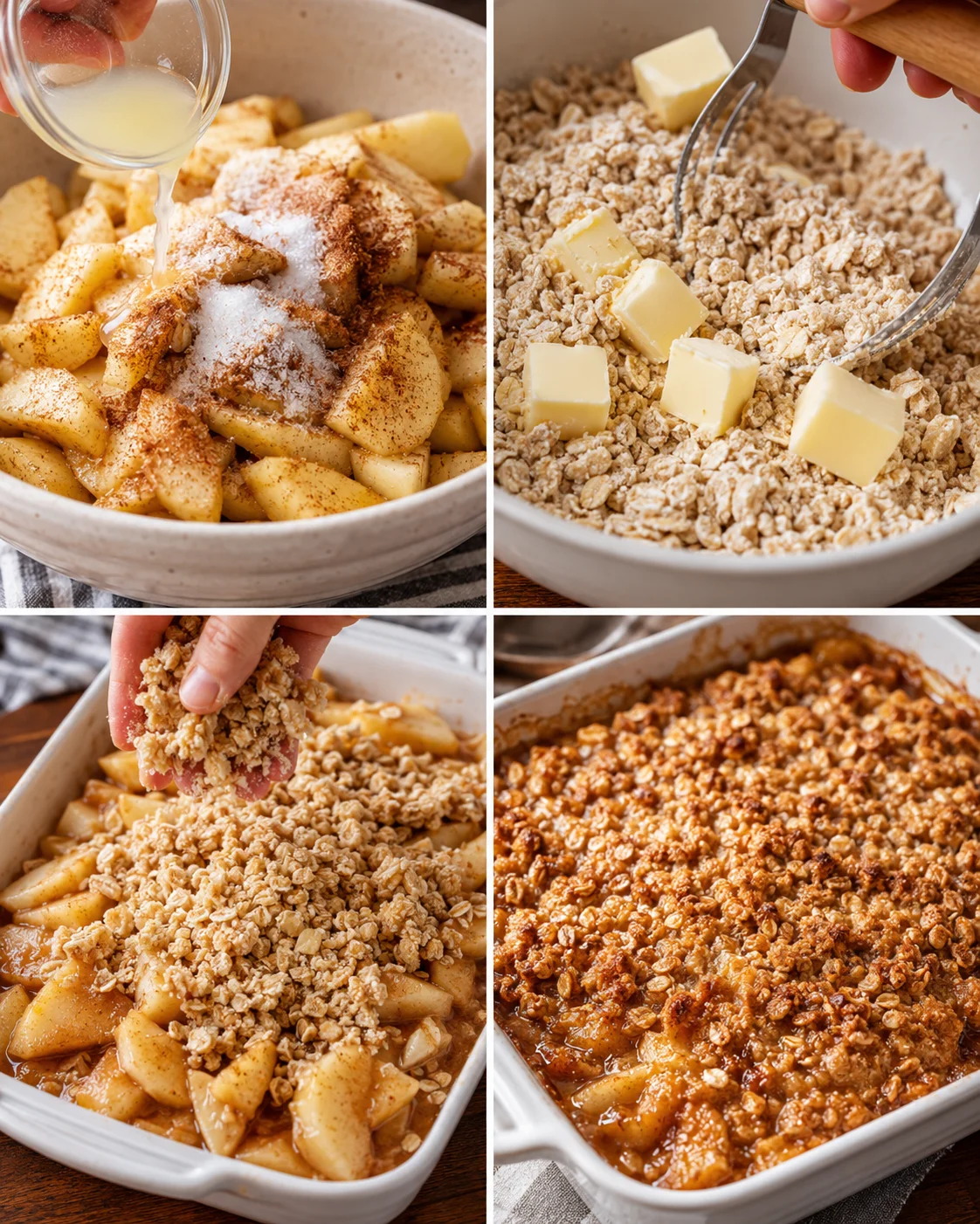 Step-by-step process of making warm apple crisp with oat topping