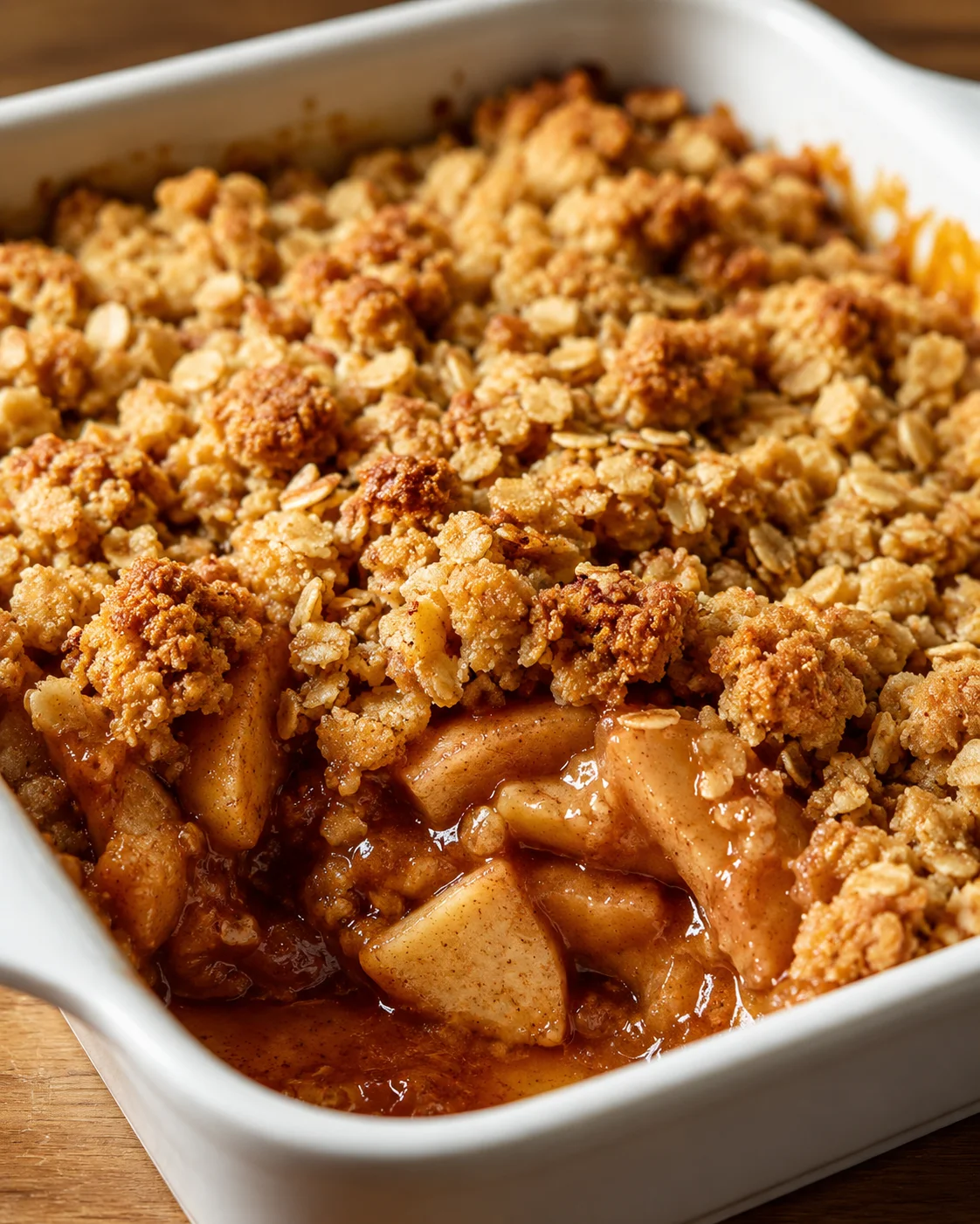 Close-up of warm apple oatmeal crisp with crunchy topping in a white dish