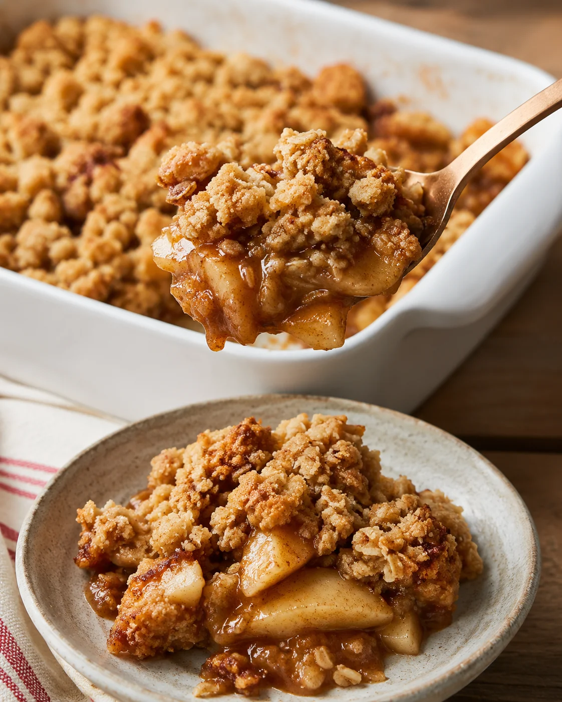 Close-up of warm apple crisp with oat topping served in a bowl