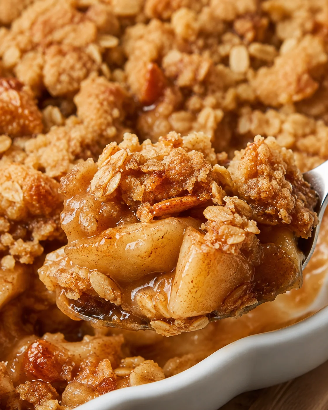 Close-up of warm apple oatmeal crisp with crunchy oat topping and caramelized apples