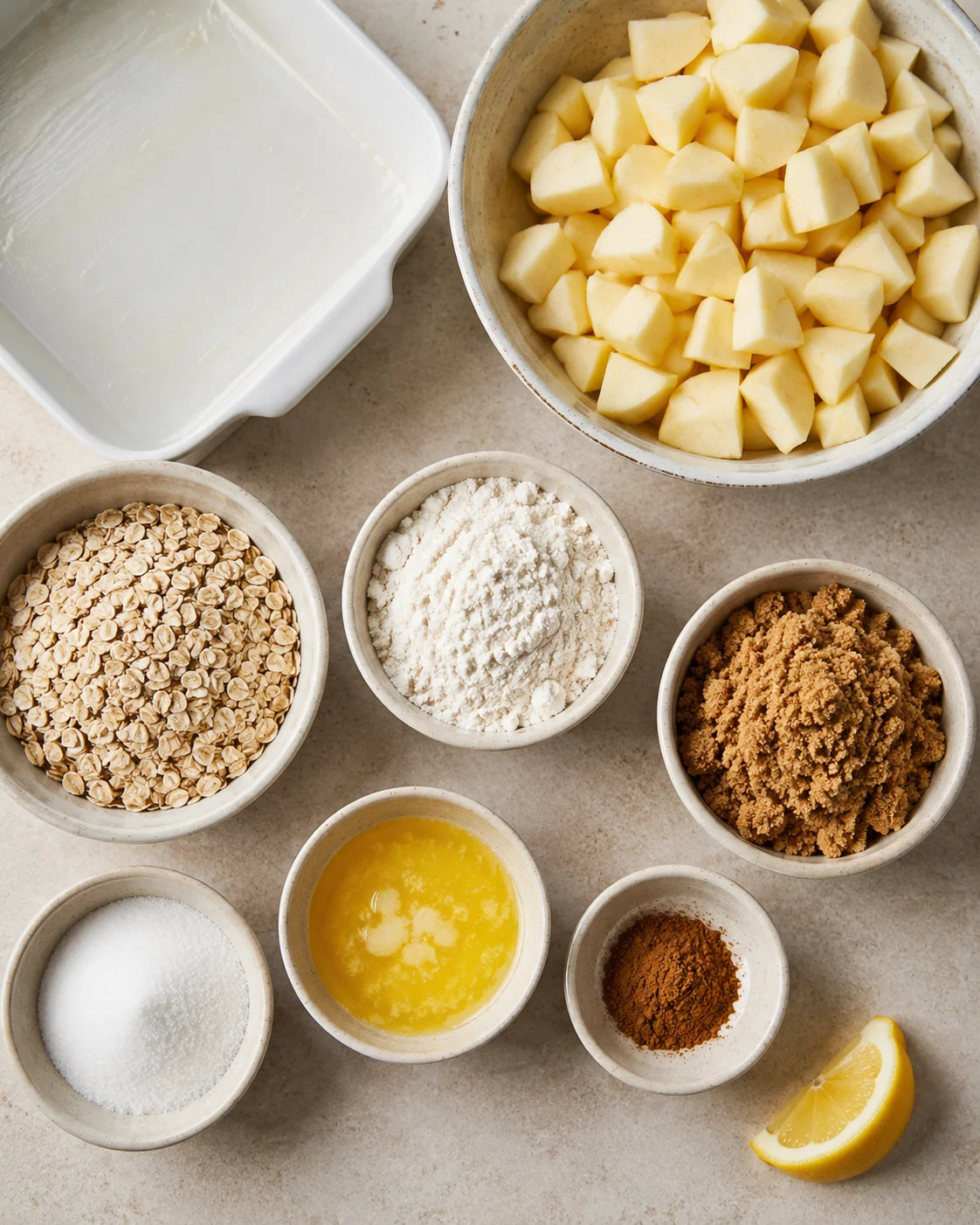 Ingredients for apple oatmeal crisp including apples, oats, and butter arranged on a kitchen counter.
