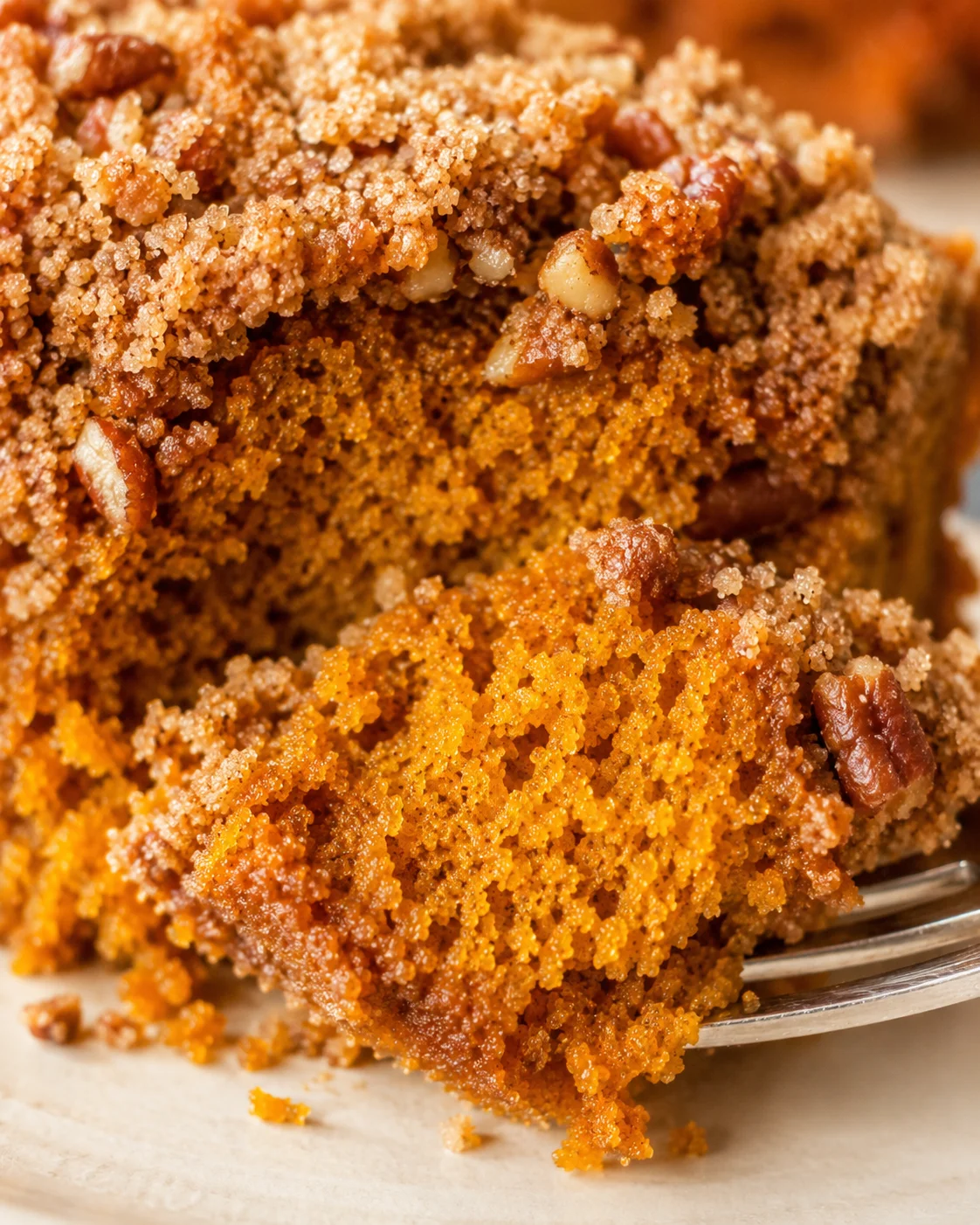Close-up of moist pumpkin coffee cake with crispy streusel topping and nuts