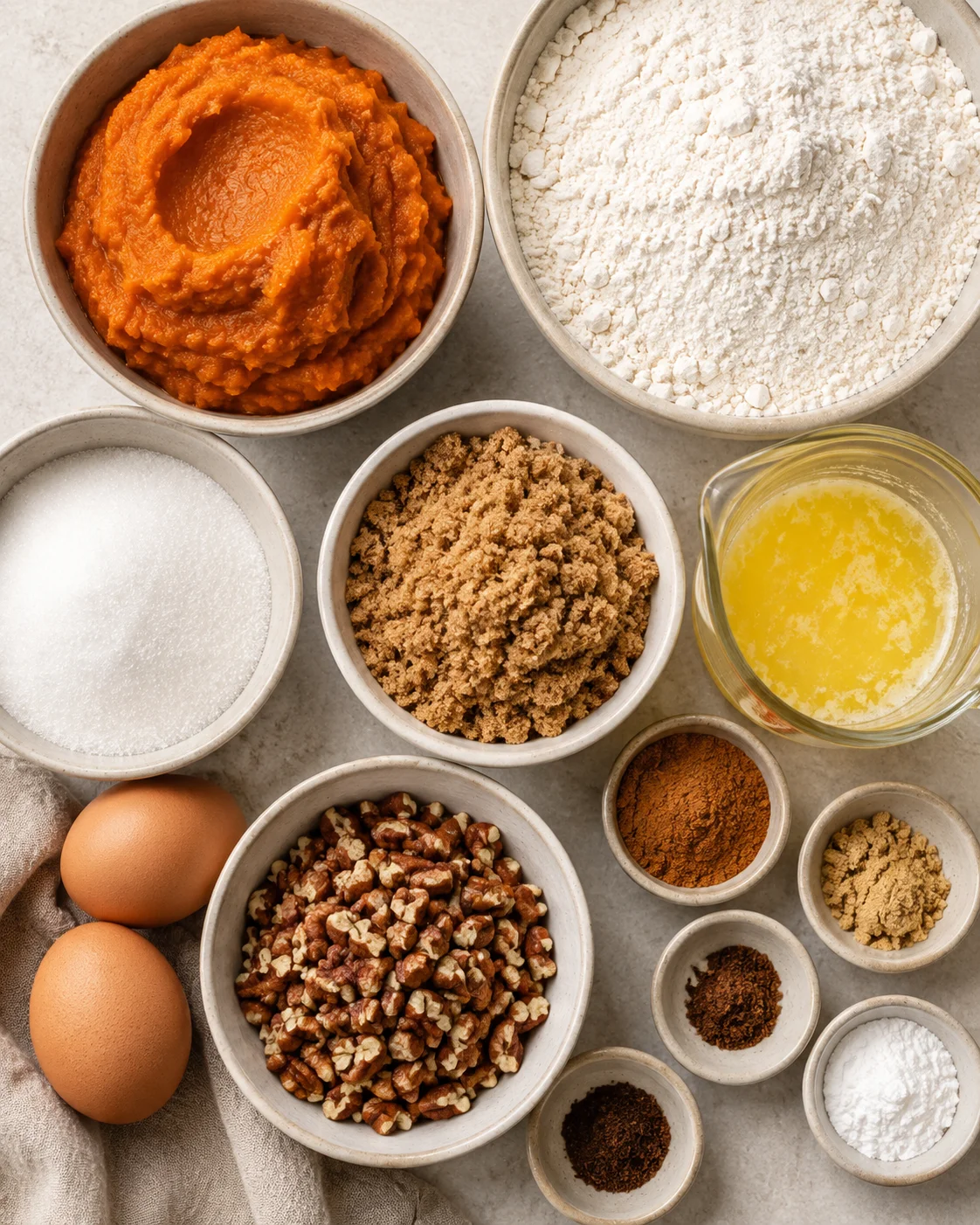 Ingredients for pumpkin coffee cake with streusel topping arranged on a surface.