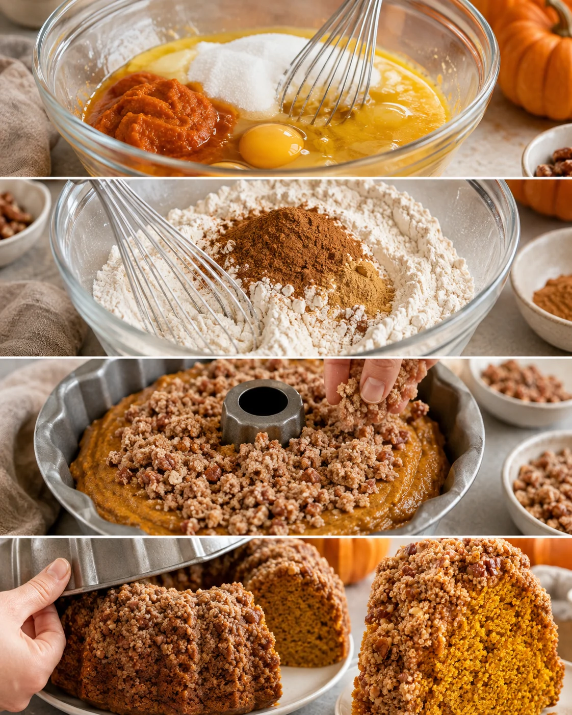 Baking steps of pumpkin coffee cake with streusel topping in a glass bowl.