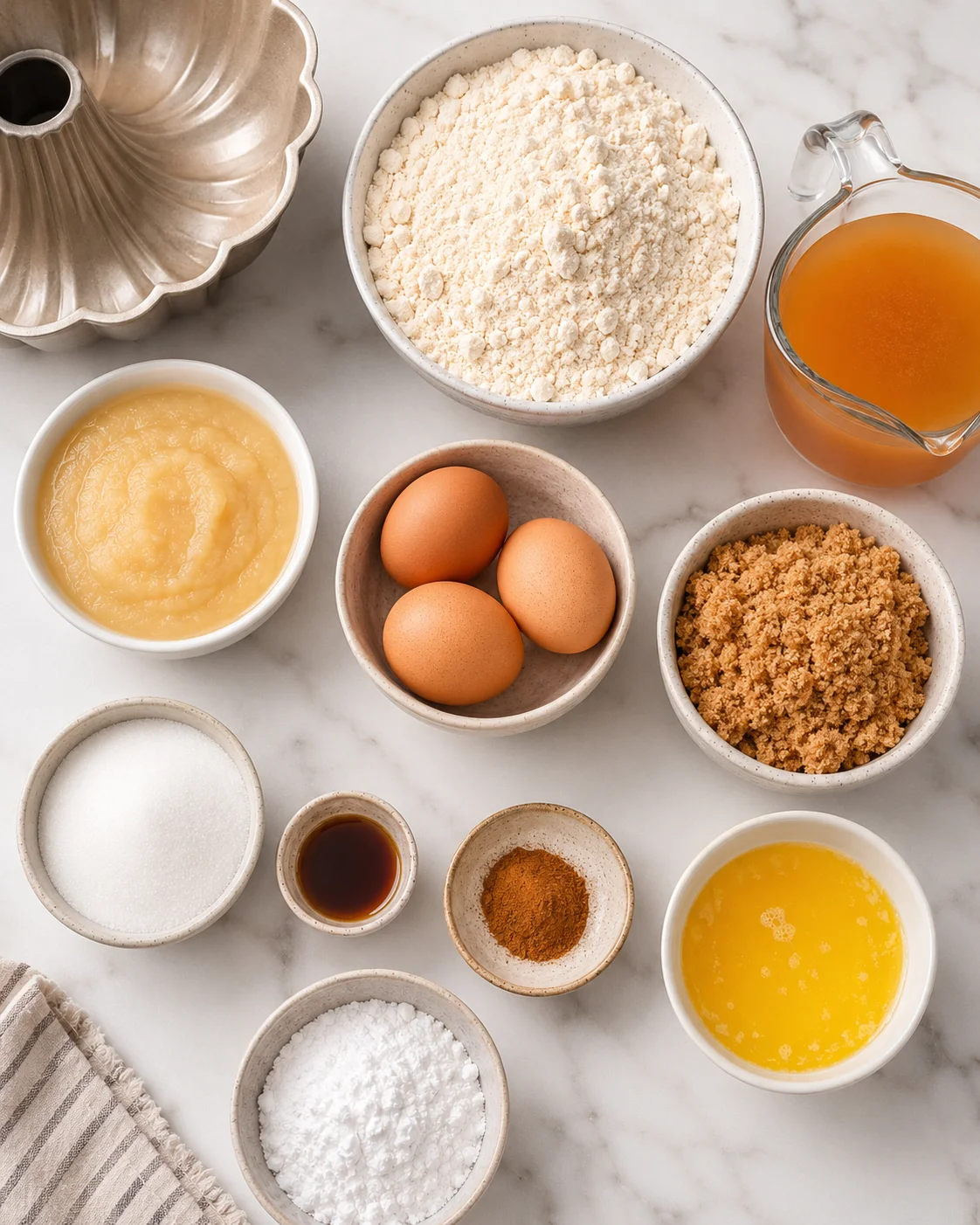 Ingredients for apple cider donut cake displayed on a white surface