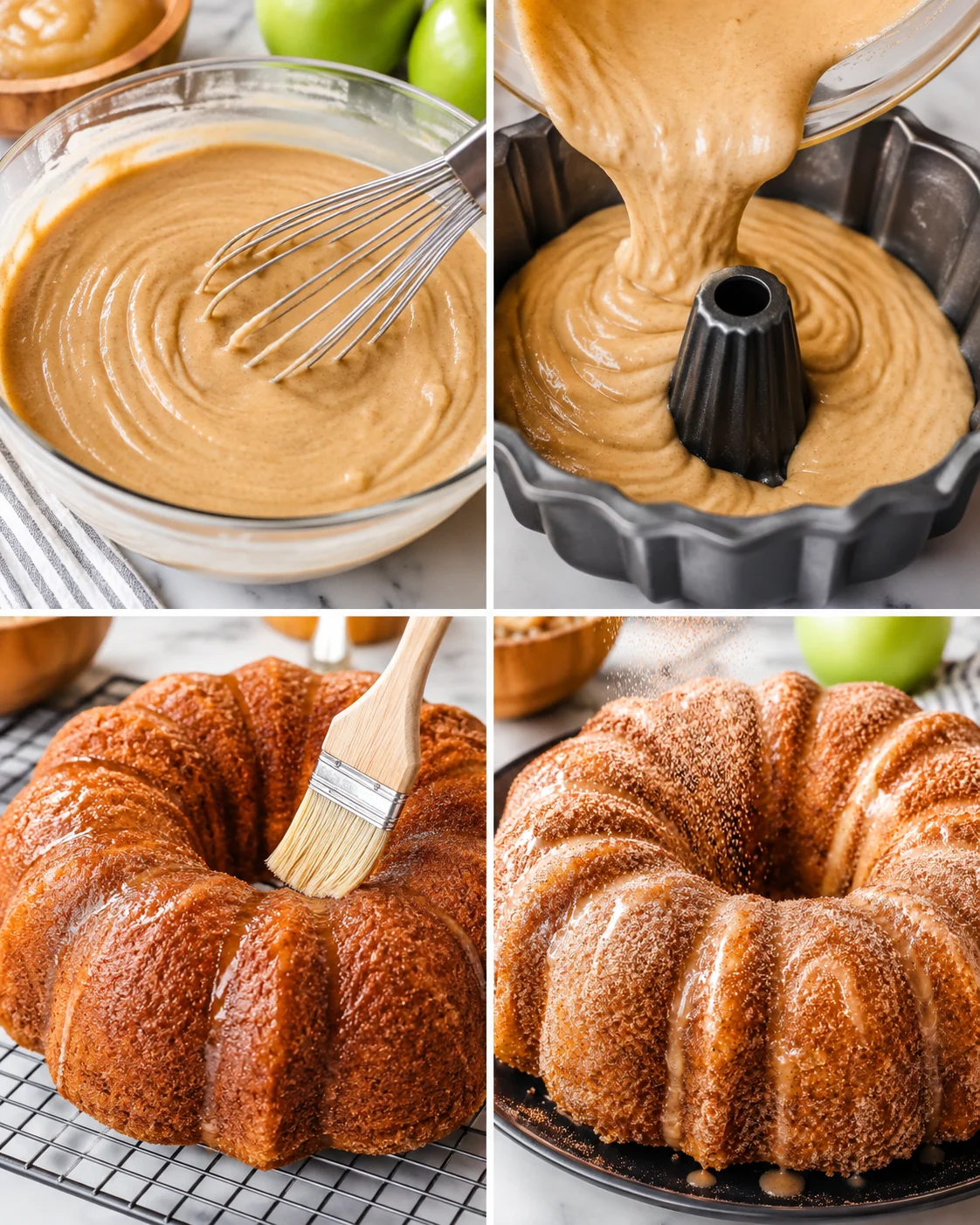 Decorative apple cider donut cake with warm spices and glaze, ready to serve.