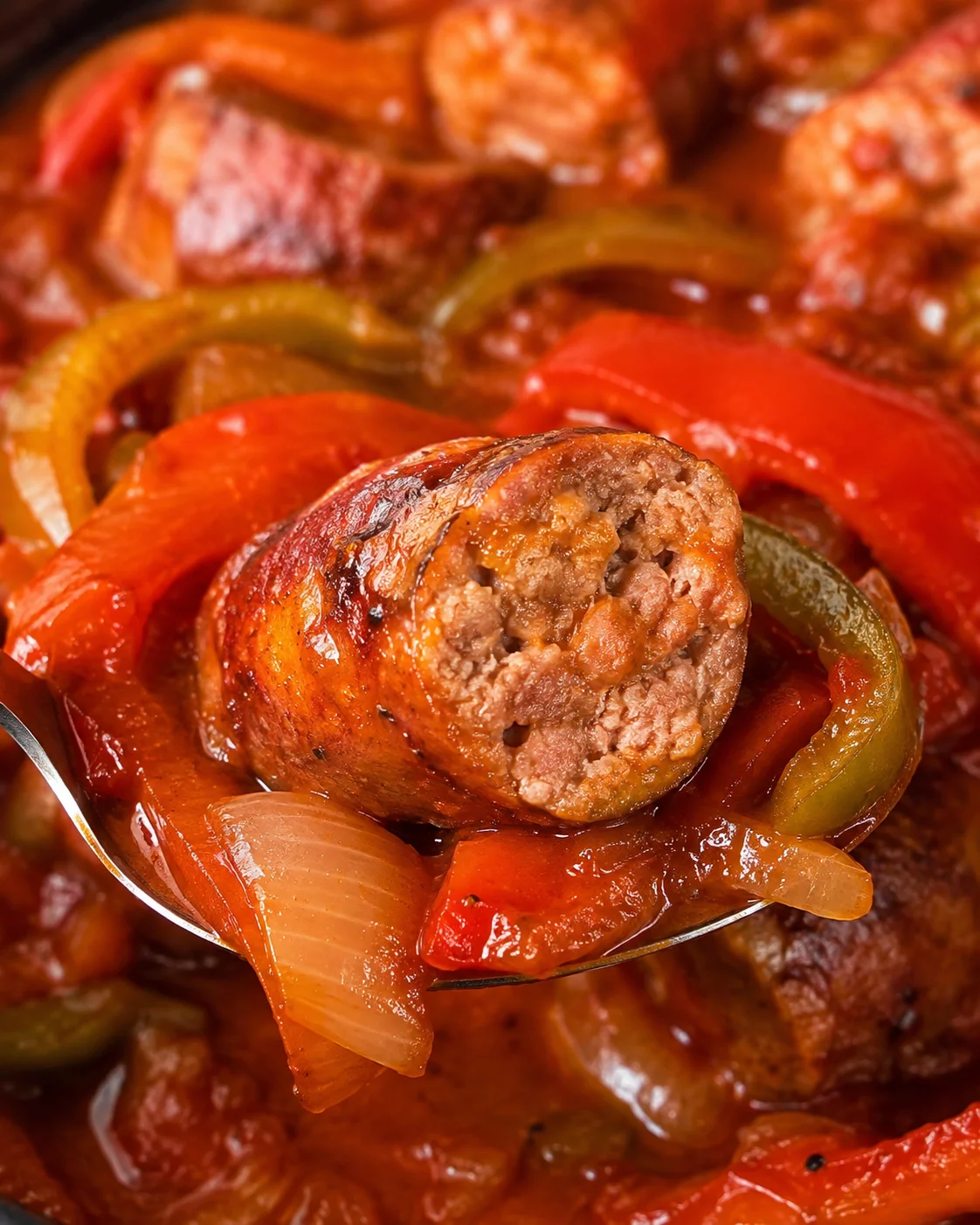 Spoon holding a halved sausage with visible cooked interior alongside peppers and onions in sauce.