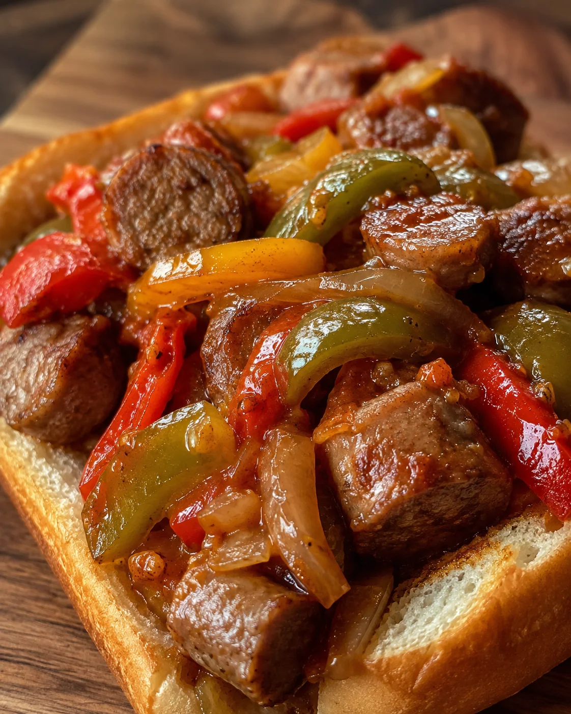 Sliced sausages, peppers and onions piled on toasted bread.