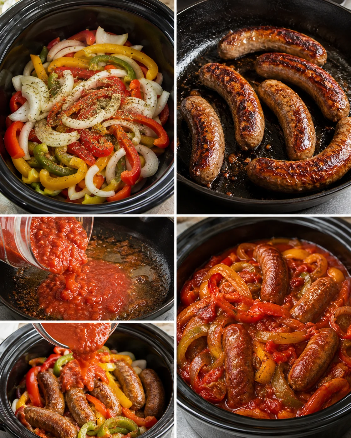 Collage of steps — peppers in slow cooker, seared sausages, tomatoes being added, sauce poured and finished slow-cooked dish.