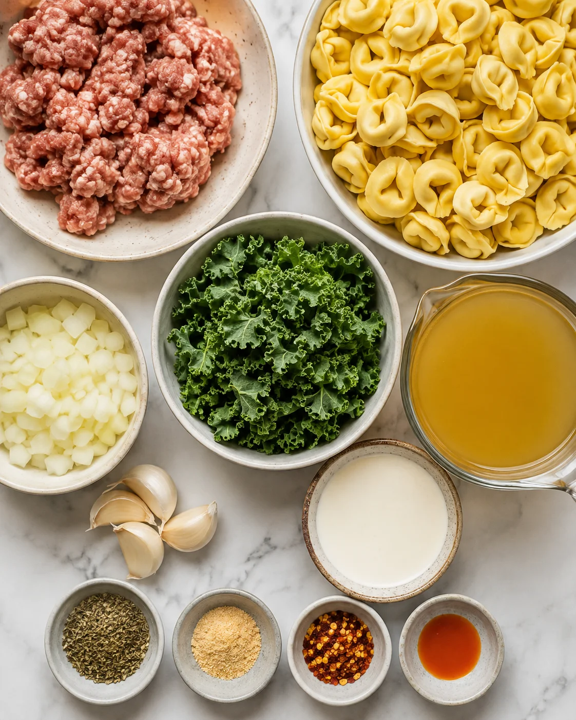 Top-down view of ingredients for sausage tortellini soup including sausage, tortellini, kale, broth and seasonings