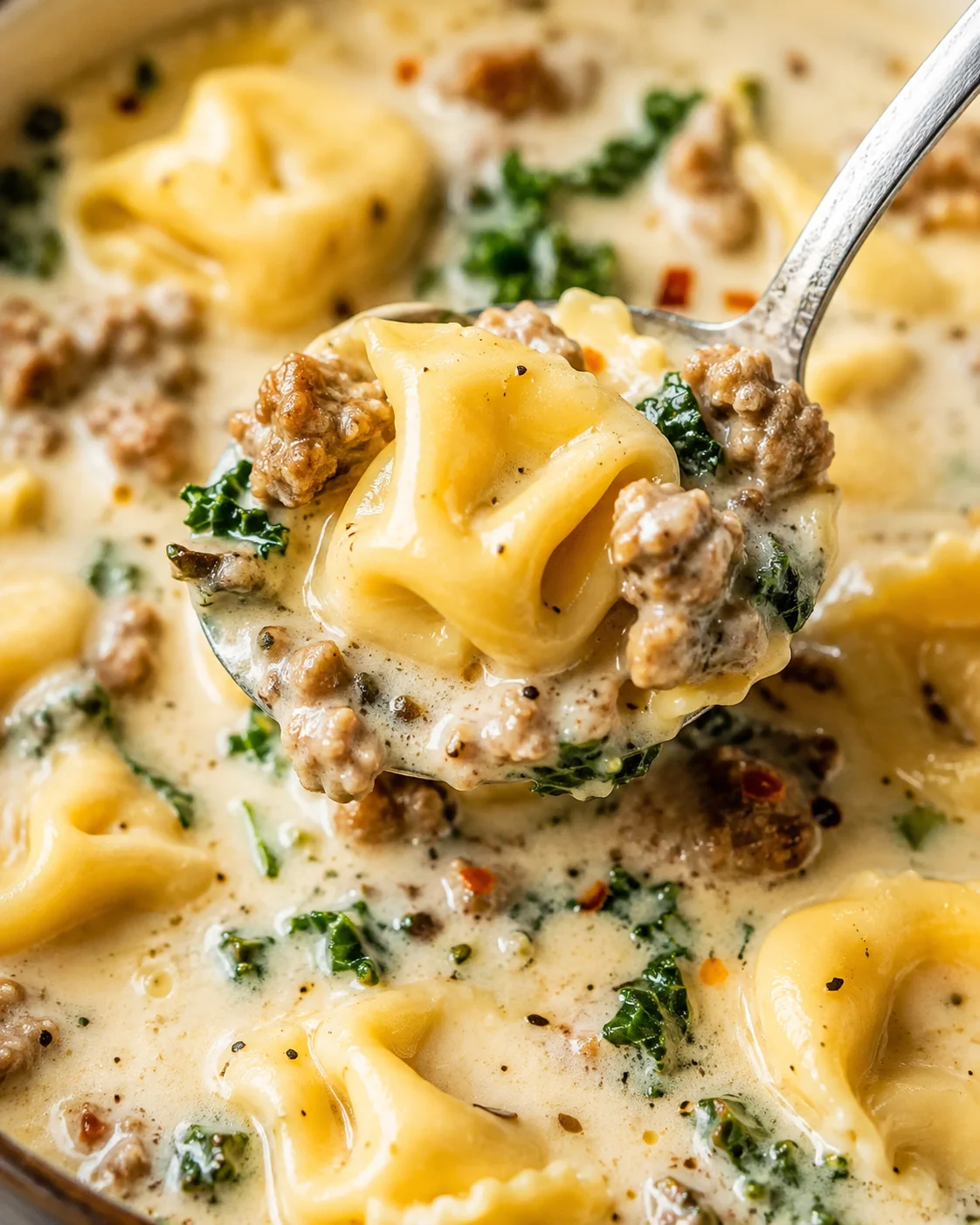 Close-up detail of a tortellini and sausage in creamy sausage tortellini soup