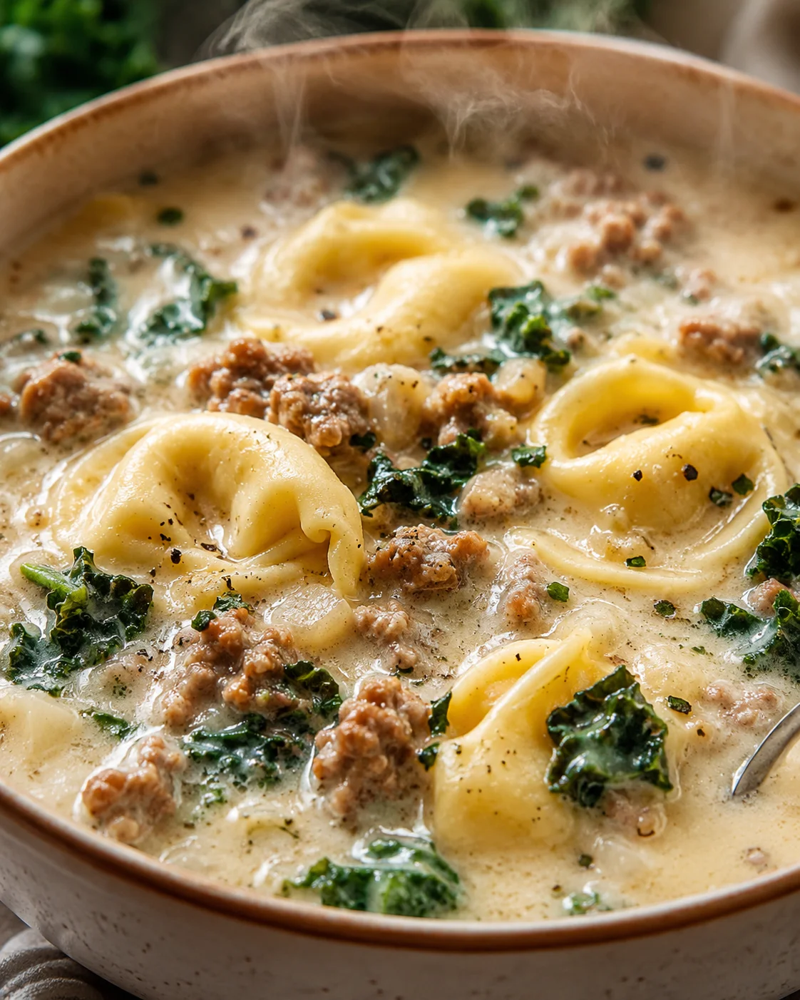 Steaming bowl of sausage tortellini soup with kale and creamy broth