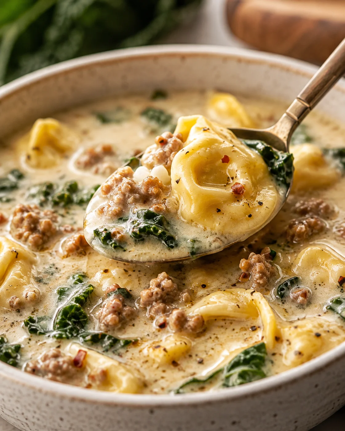 Spoon lifting a tortellini with sausage and kale from a bowl of sausage tortellini soup