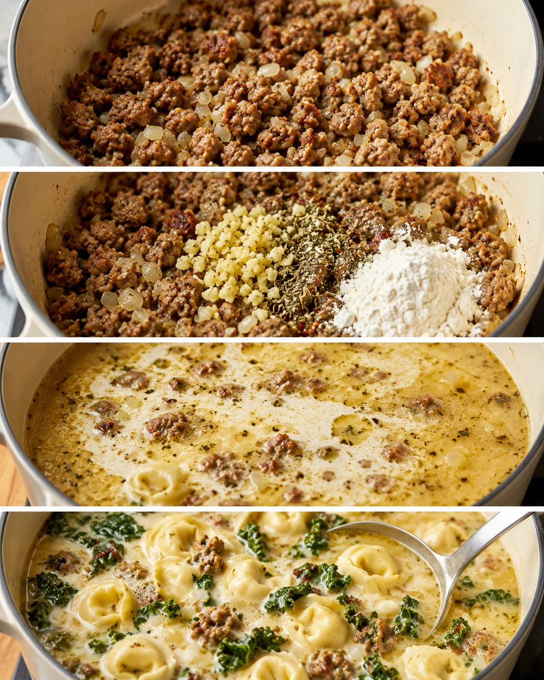 Montage of cooking steps for sausage tortellini soup showing browned sausage, added spices and simmering pot