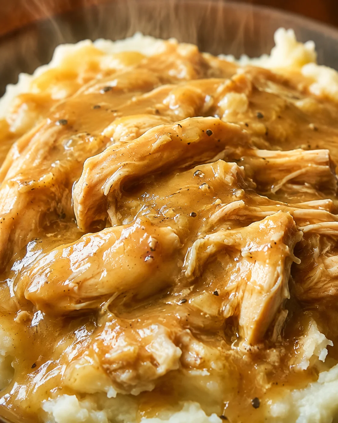 Close-up detail of shredded slow cooker chicken and gravy on mashed potatoes