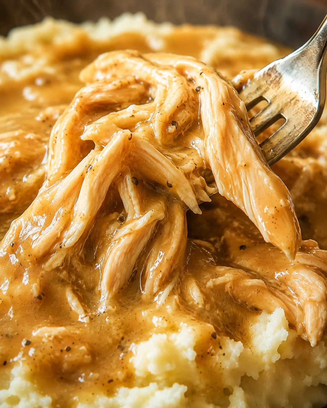Fork lifting shredded slow cooker chicken coated in gravy over mashed potatoes