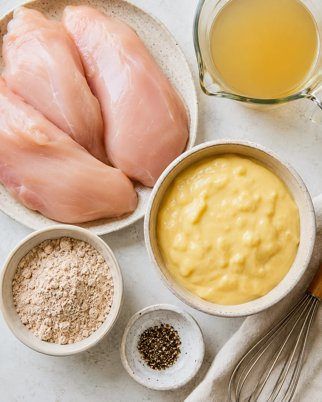 Top-down view of raw chicken breasts, cream of chicken soup, gravy mix, chicken stock, and pepper