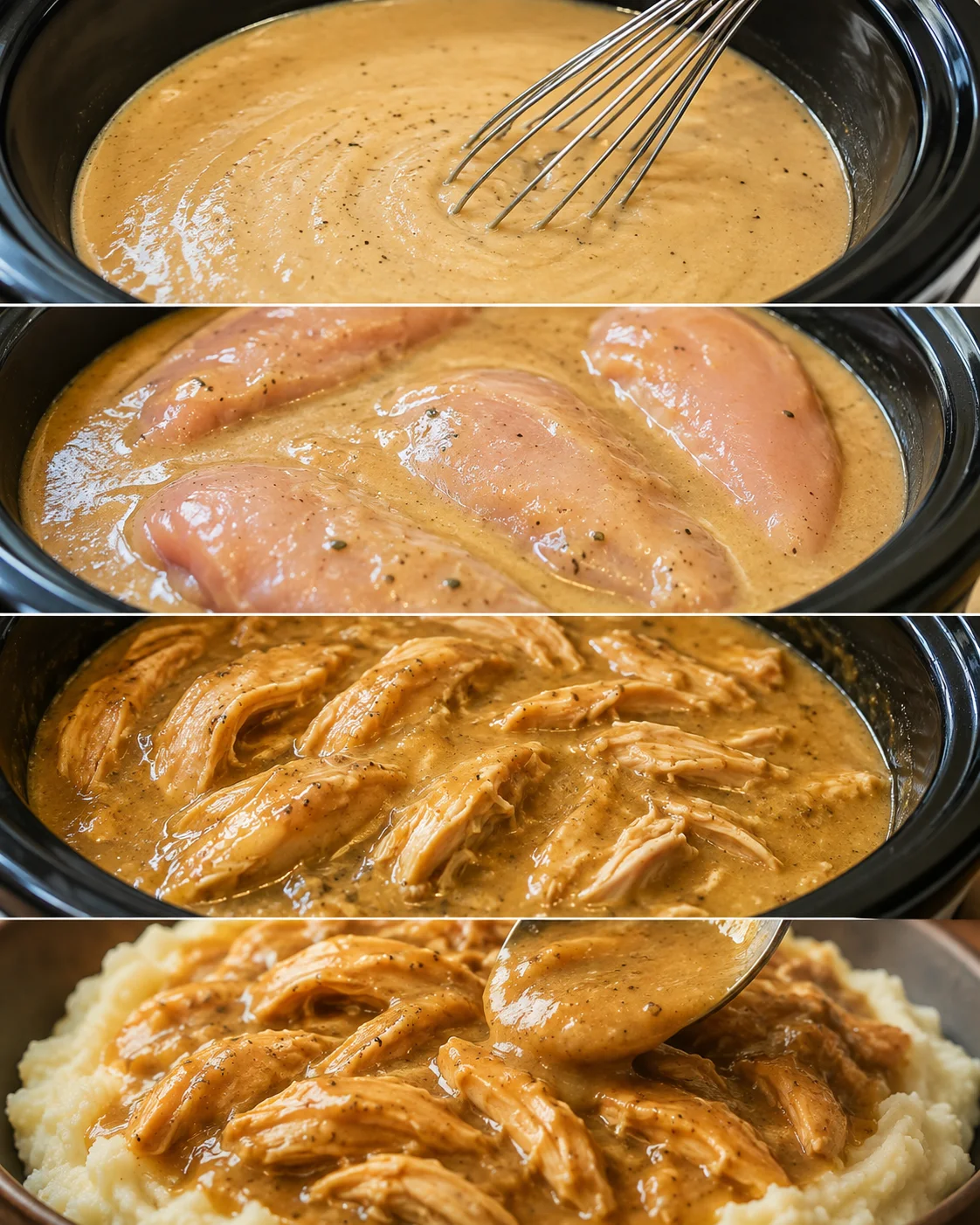 Collage showing gravy whisked, raw chicken in gravy, shredded chicken in slow cooker, and gravy served