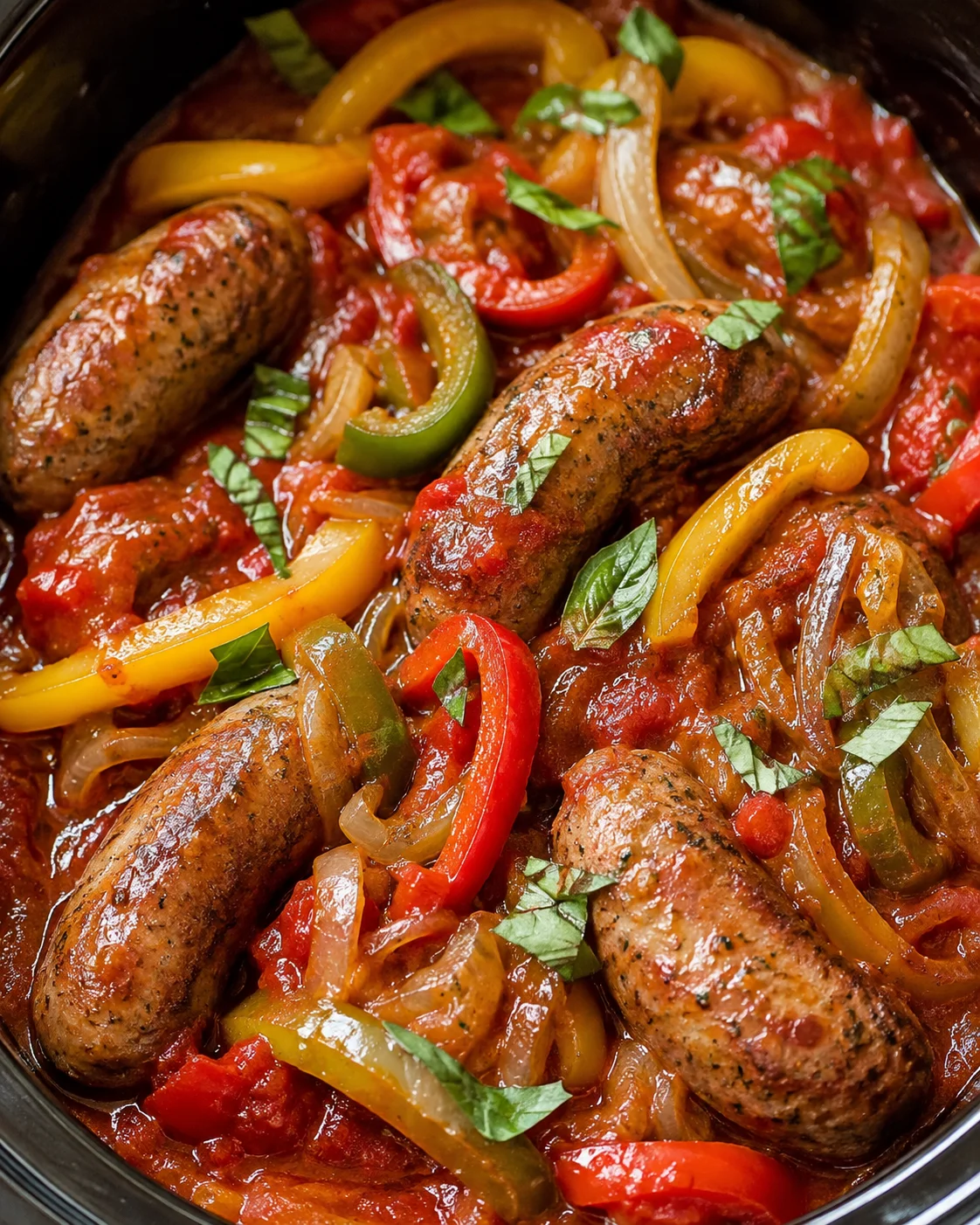 Slow cooker sausages with red, yellow and green peppers and onions in tomato sauce garnished with basil.