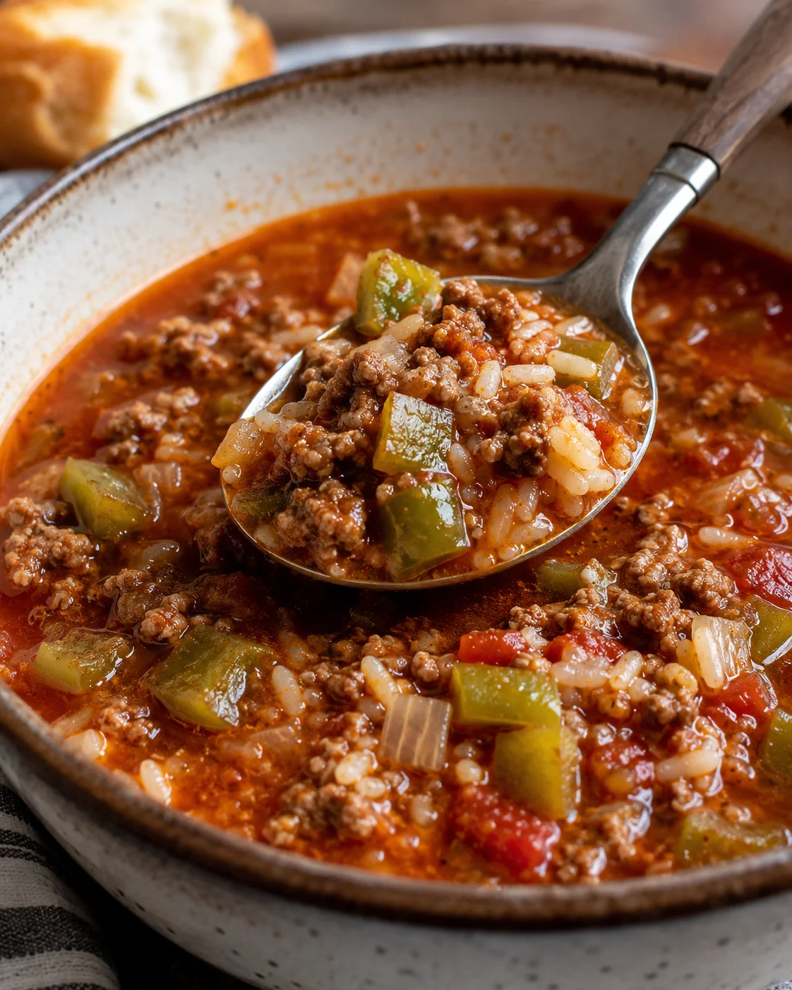 Bowl of stuffed pepper soup with a spoonful lifted showing beef, rice and green peppers