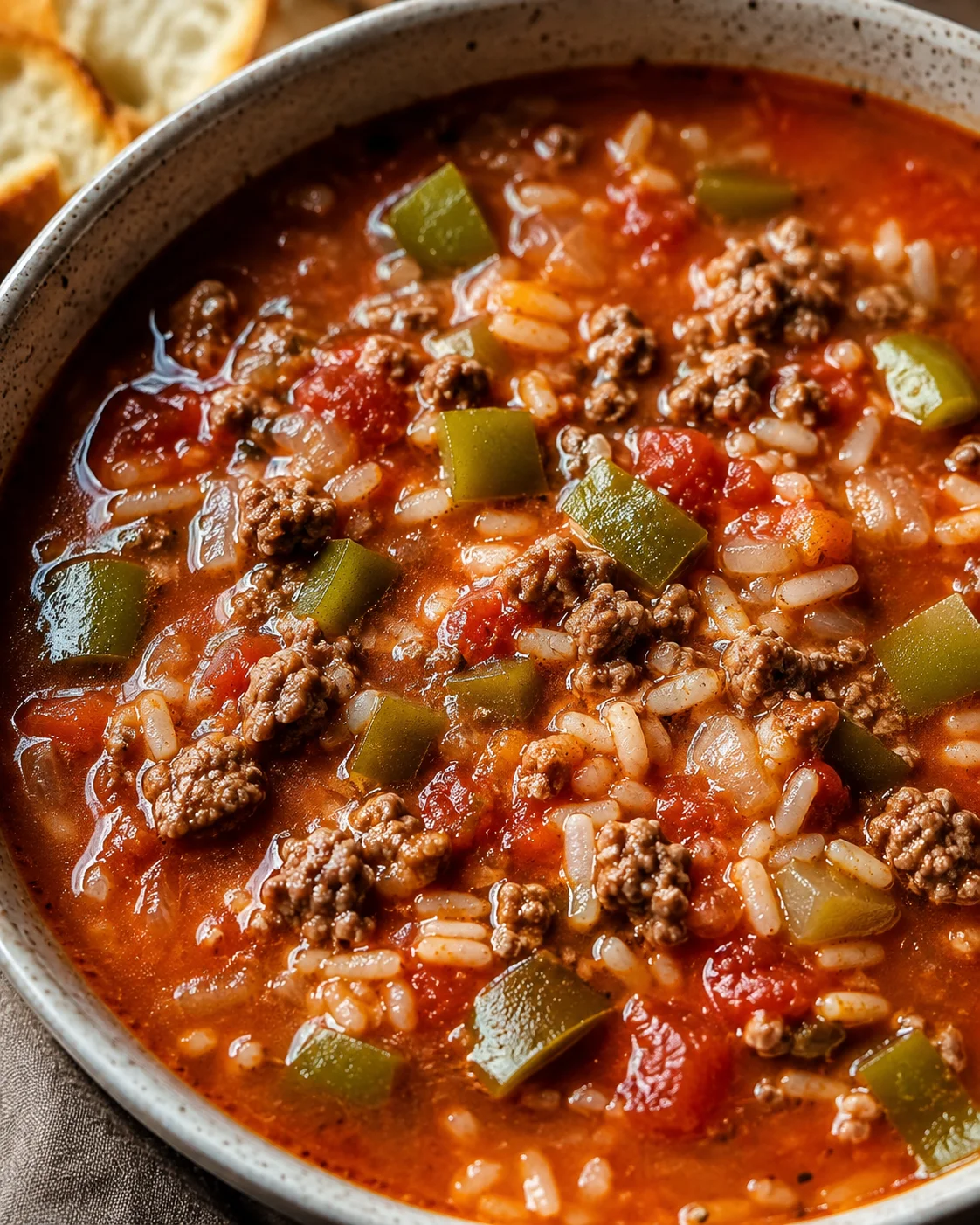 Close-up of stuffed pepper soup showing rice, ground beef and cubed green bell peppers in tomato broth