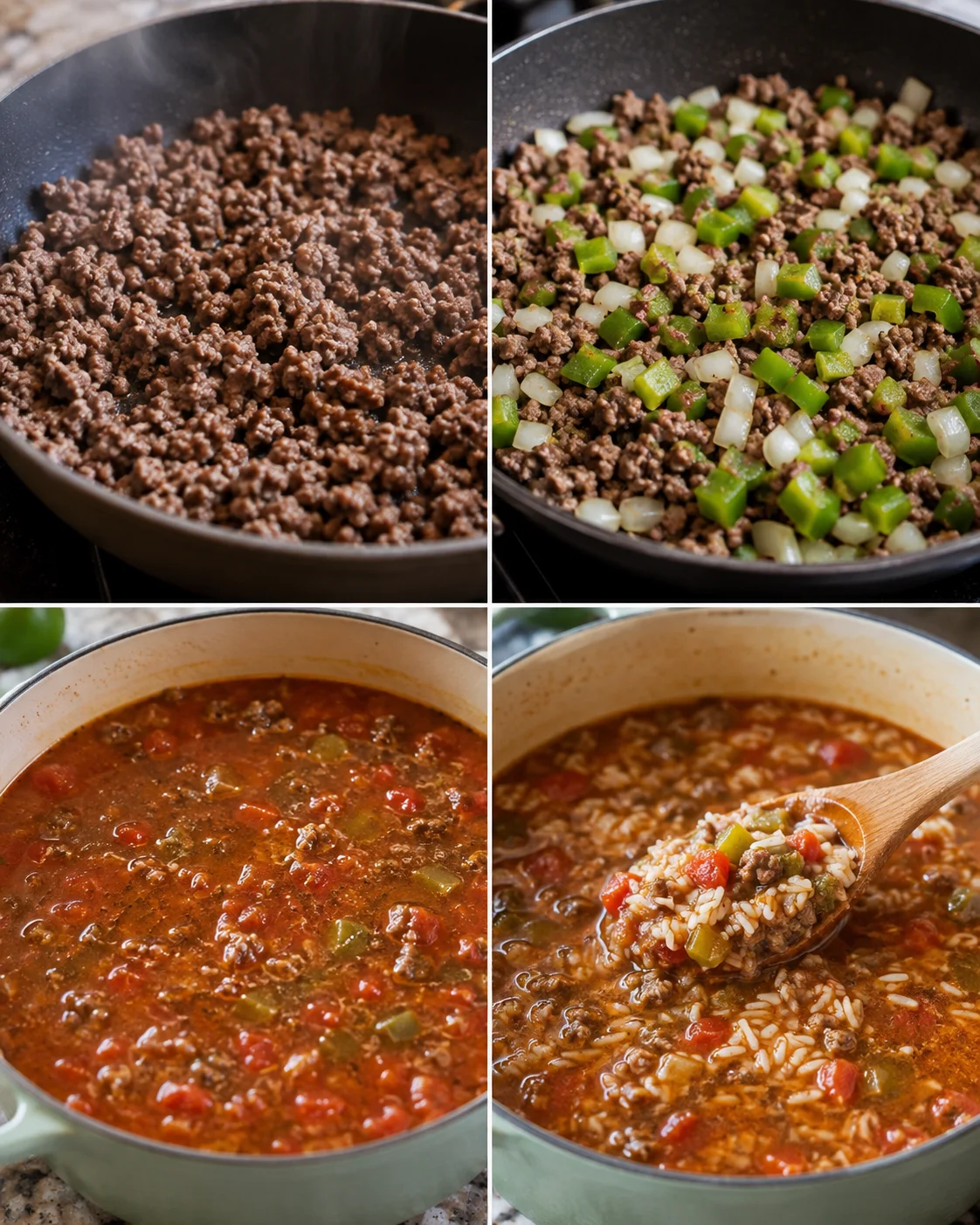 Four-panel collage showing browning beef, sautéing peppers and onions, simmering soup, and stirring in rice