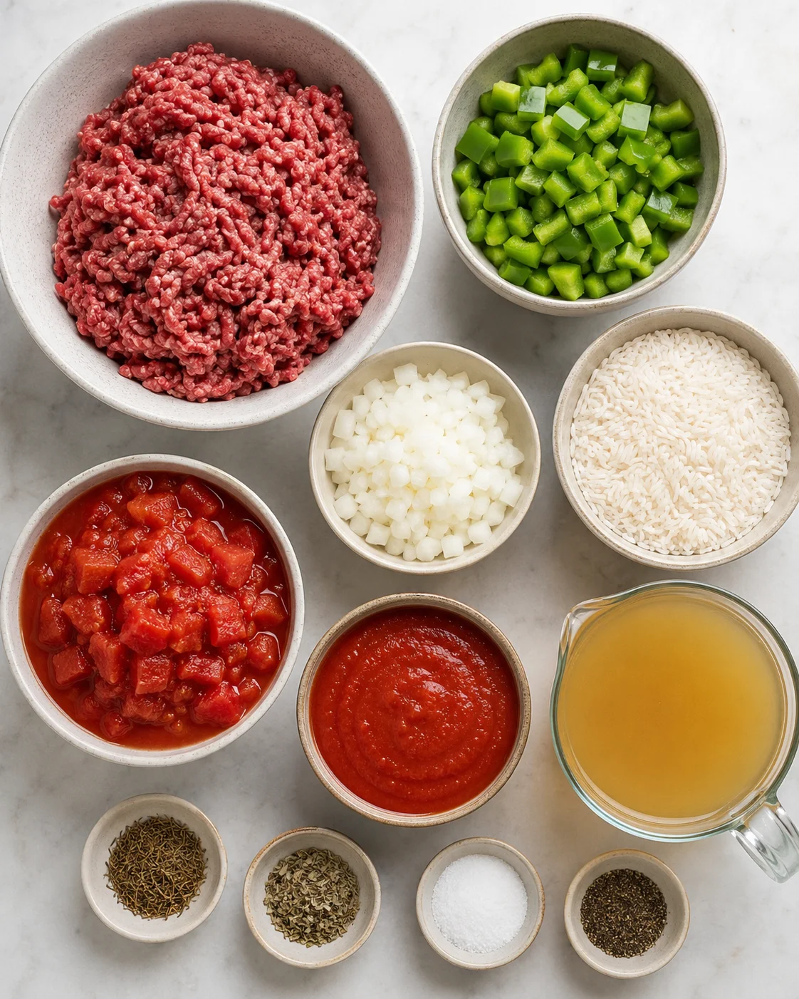 Top-down view of prepped ingredients for stuffed pepper soup including raw ground beef, diced green pepper, onion, rice, tomatoes, sauce, broth and spices