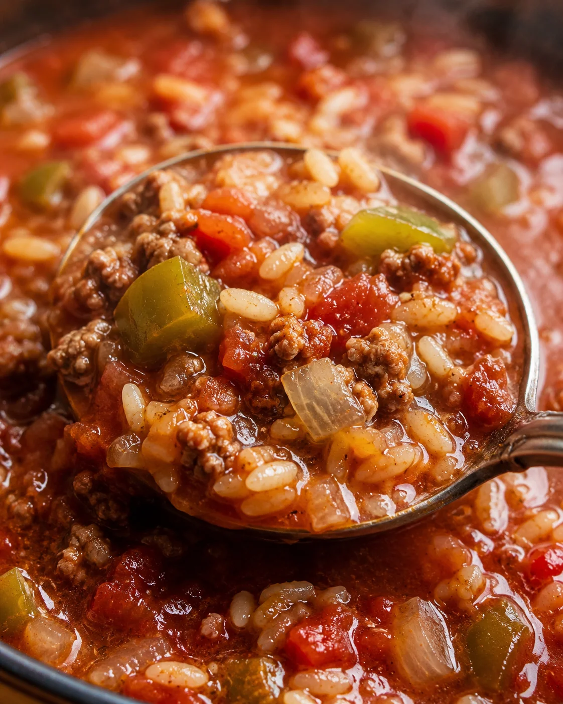 Spoonful of stuffed pepper soup highlighting rice, diced peppers, onions and ground beef