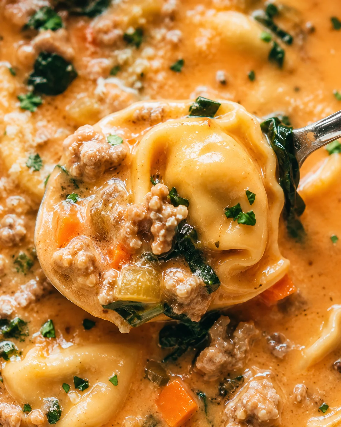 Close-up detail of a single cheese tortellini and sausage in the creamy soup
