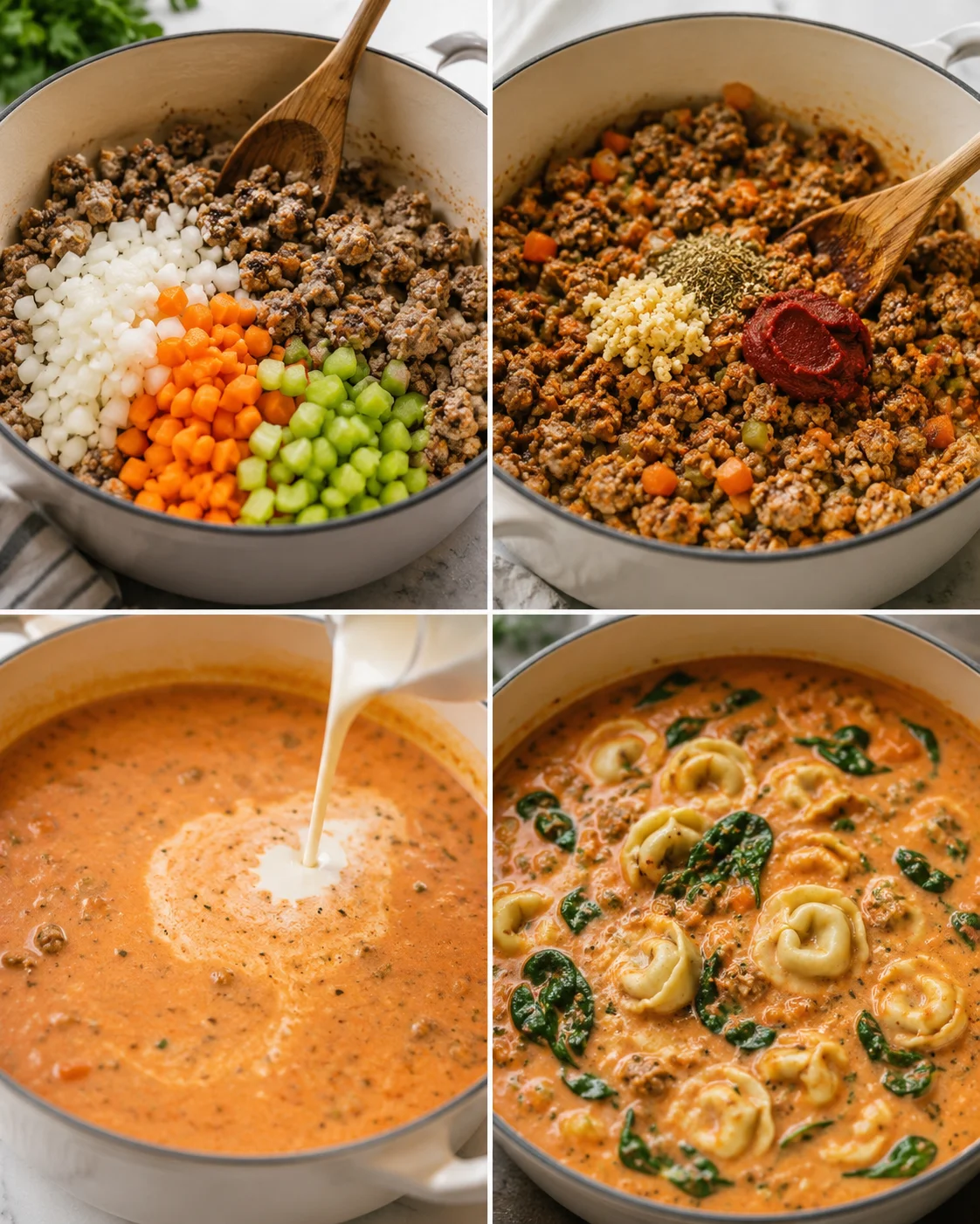 Four-step collage showing browning sausage with vegetables, adding seasonings and tomato paste, pouring cream, and tortellini simmering in the soup