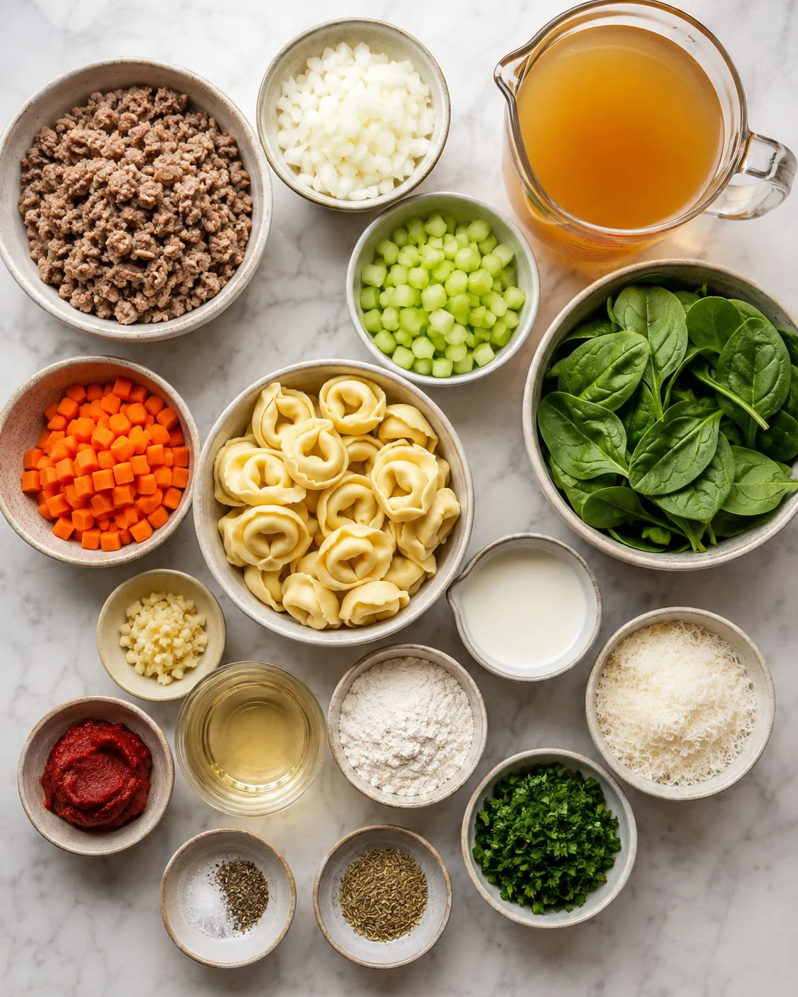 Top-down arrangement of ingredients for Ang's creamy tortellini soup including tortellini, spinach, sausage, broth and seasonings